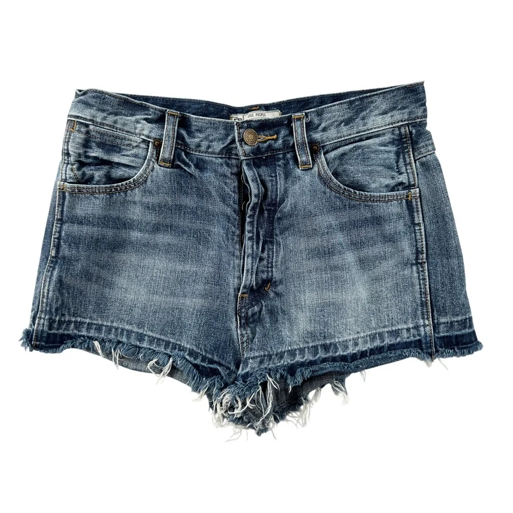 We The Free People Distressed Denim Cut Off Shorts Women Size 27 Button Fly Boho